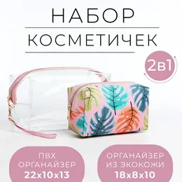 Набор объемных косметичек на молниях 2 в 1, с ручкой, с принтом, розовый Набор объемных косметичек на молниях 2 в 1, с ручкой, с принтом, розовый