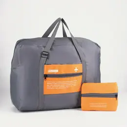 Сумка дорожная на молнии, складная в косметичку, наружный карман, держатель для чемодана, серая, оранжевая Сумка дорожная на молнии, складная в косметичку, наружный карман, держатель для чемодана, серая, оранжевая