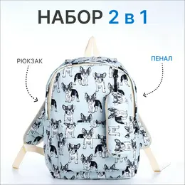 Набор: рюкзак школьный и пенал, с карманами, с принтом, голубой Набор: рюкзак школьный и пенал, с карманами, с принтом, голубой