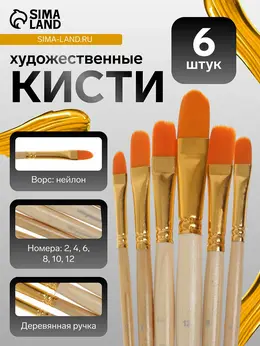 Набор кистей для рисования, синтетика, 6 штук: №2, 4, 6, 8, 10, 12 плоские, закругленные, деревянная ручка, международный размер