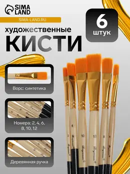 Набор кистей для рисования, синтетика, 6 штук: № 2, 4, 6, 8, 10, 12, прямые, плоские, международный размер