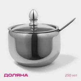 Сахарница , 250 мл, 8.5×10 см, с крышкой, с ложкой, нержавеющая сталь, серебристая