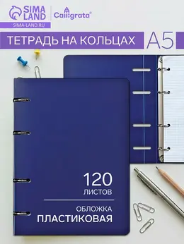 Тетрадь на кольцах a5, 120 листов, в клетку, пластиковая обложка, блок офсет, синяя