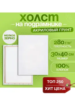 Холст на подрамнике , хлопок 100%, 1.6×30×40 см, м/з 280 г/м², грунтованный, акриловый, мелкозернистый