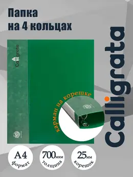 Папка на 4 кольцах а4, , 25 мм, 700 мкм, внутренний карман, карман на корешок, зеленая