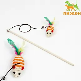 Дразнилка с мышкой (7 см) на деревянной палочке, 40 см, оранжевая/белая