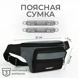 Сумка поясная на молнии, 3 наружных кармана, цвет серый/черный Сумка поясная на молнии, 3 наружных кармана, цвет серый/черный