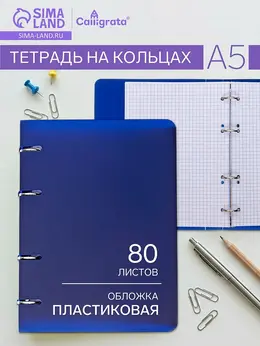 Тетрадь на кольцах a5, 80 листов, в клетку, пластиковая обложка, блок офсет, синяя