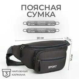 Сумка поясная на молнии, 30×10×14 см, с наружными карманами, серая Сумка поясная на молнии, 30×10×14 см, с наружными карманами, серая