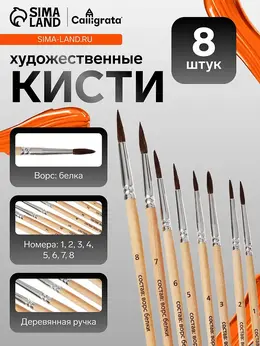 Набор кистей для рисования, белка, 8 штук: № 1, 2, 3, 4, 5, 6, 7, 8, круглые, деревянная ручка, международный размер Набор кистей для рисования, белка, 8 штук: № 1, 2, 3, 4, 5, 6, 7, 8, круглые, деревянная ручка, международный размер