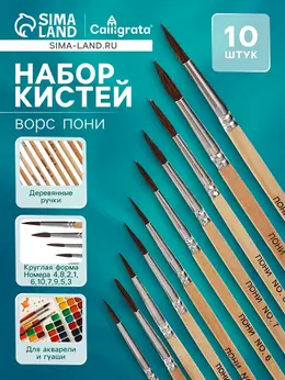 Набор кистей для рисования, пони, 10 штук: № 1, 2, 3, 4, 5, 6, 7, 8, 9, 10, круглые, деревянная ручка, международный размер