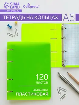 Тетрадь на кольцах a5, 120 листов, в клетку, пластиковая обложка, блок офсет, салатовая