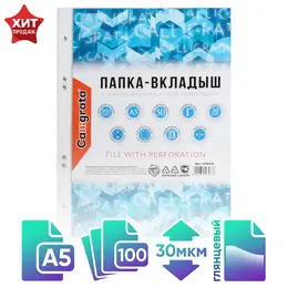 Файл - вкладыш , а5, 30 мкм, глянцевый, вертикальный, 100 штук