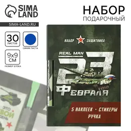 Подарочный набор, блок бумаги 30 л, ручка синяя паста 1.0 мм, наклейки 5 шт.