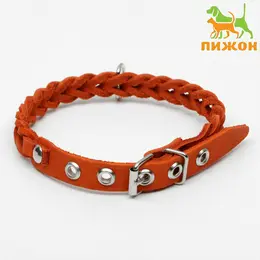 Ошейник, 1.2×36 см, ош 20-30 см, плетеный, кожа, оранжевый