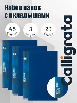 Набор папок а5, 20 вкладышей, , карман на корешке, синие, 3 штуки