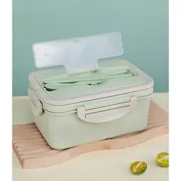 Ланч-бокс в школу take it easy, 1.5 л, 3 секции, с приборами, 20×13×7 см, пшеничная солома, зеленый
