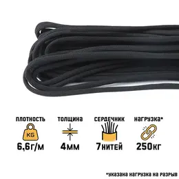 Паракорд 550 для выживания, с леской, с фитилем, d=4 мм, 10 м, нейлон, черный