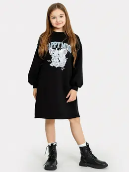 Платье-свитшот для девочек черное с принтом Платье-свитшот для девочек черное с принтом
