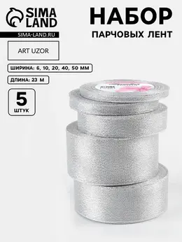 Набор парчовых лент, 5 шт., размер лент: 6/10/20/40/50 мм, 23±1 м, цвет серебряный