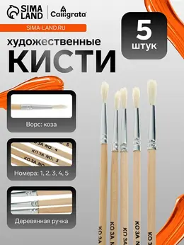 Набор кистей для рисования, коза, 5 штук: № 1, 2, 3, 4, 5, круглые, деревянная ручка, международный размер