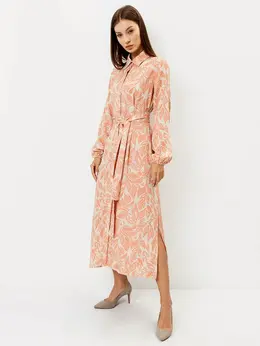 Платье женское бежевое из вискозы с принтом в виде листьев