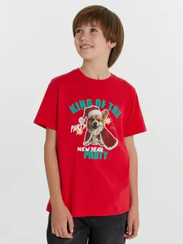 Футболка для мальчиков красная новогодняя с корги Футболка для мальчиков красная новогодняя с корги