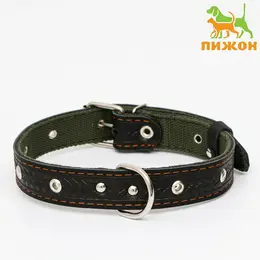Ошейник комбинированный безразмерный, кожа/брезент, 60×3 см, ош 30-57 см, черный/зеленый