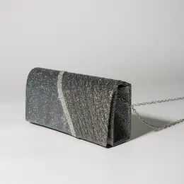 Сумка-клатч женская вечерняя на магните, на длинной цепочке, со стразами, серебристая