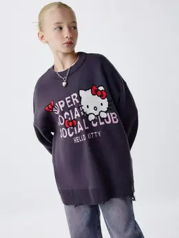 Вязаный джемпер в стиле гранж с Hello Kitty для девочек Вязаный джемпер в стиле гранж с Hello Kitty для девочек