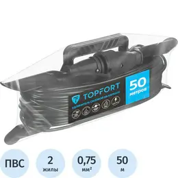 Удлинитель каркас TOPFORT ПВС 2х0.75 кв. мм. 50 м 6 А 1300 Вт IP44 без заземления 1 розетка