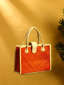 Сумка плетеная на застежке из пандана, 35×12×40 см, бежево-оранжевая