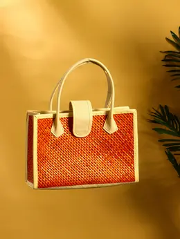 Сумка плетеная на застежке из пандана, 30×10×35 см, бежево-оранжевая