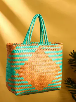 Сумка плетеная, 30×15×35 см, пластик, бирюзово-желтая Сумка плетеная, 30×15×35 см, пластик, бирюзово-желтая