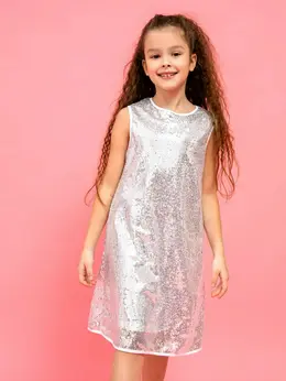 Нарядное платье без рукавов в белые пайетки для девочек Нарядное платье без рукавов в белые пайетки для девочек