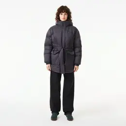 Женский короткий пуховик Lacoste с поясом и высоким воротом