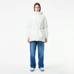 Женский короткий пуховик Lacoste с поясом и высоким воротом