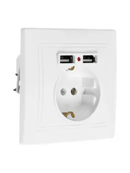 Розетка одноместная с 2×usb, 16 а, 250 в, ip20, с заземлением, белая