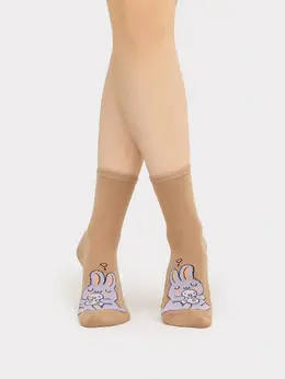 Носки женские коричневые с плюшевым следом и рисунком в виде заек