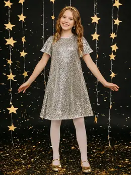 Нарядное платье для девочек с серебристыми пайетками Нарядное платье для девочек с серебристыми пайетками
