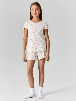 Комплект домашний для девочек бежевый с цветочным принтом