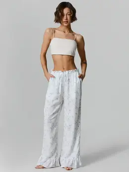 Брюки домашние женские молочные с цветочным принтом