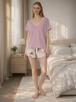 Комплект женский домашний розовый с цветочным принтом