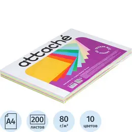 Бумага цветная для печати Attache Multicolor 80 г/кв.м, 200 листов, А4, микс пастельная, интенсивная Бумага цветная для печати Attache Multicolor 80 г/кв.м, 200 листов, А4, микс пастельная, интенсивная
