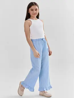 Брюки для девочек голубые в полоску с декоративными рюшами