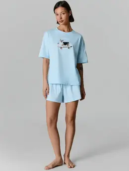 Комплект домашний женский голубой с принтом