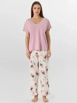 Комплект домашний женский розовый с цветочным принтом