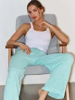 Брюки домашние женские голубые с принтом бантиков