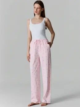 Брюки домашние женские розовые в полоску с принтом вишенок