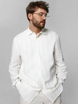 Рубашка мужская молочная в полоску льняная